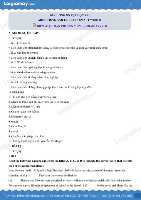 Đề cương ôn tập HK1 tiếng Anh 12 ilearn smart world có đáp án